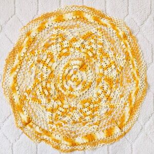 Vintage crocheted bright orange and white doily linen cloth retro cottage granny